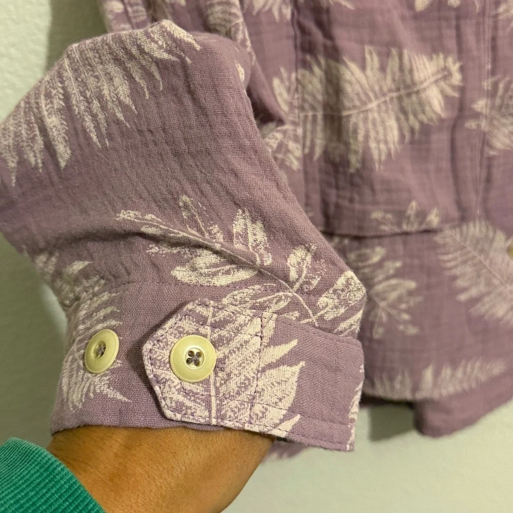 Hello Nite Women's Purple Leaf Print Button Up Long Sleeve Relaxed Fit